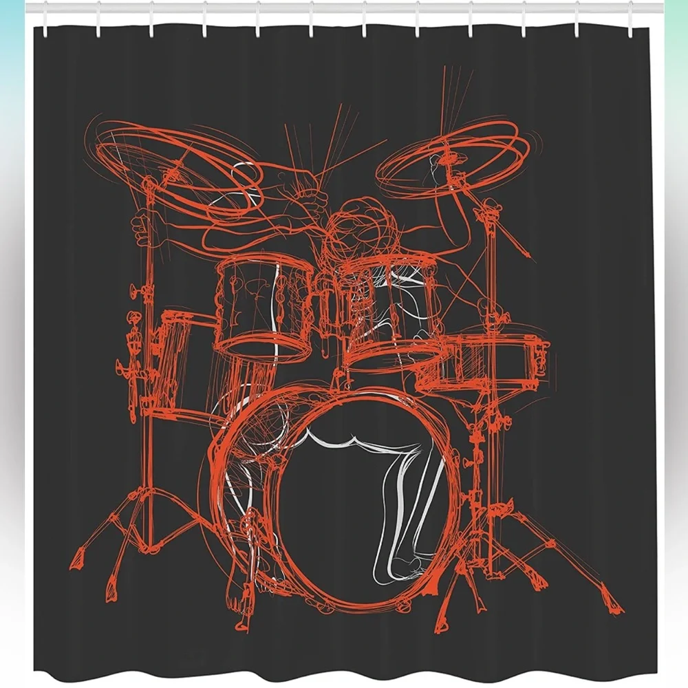 Rock Music Shower Curtain, Drummer Musical Cloth  Set with Hooks, 69